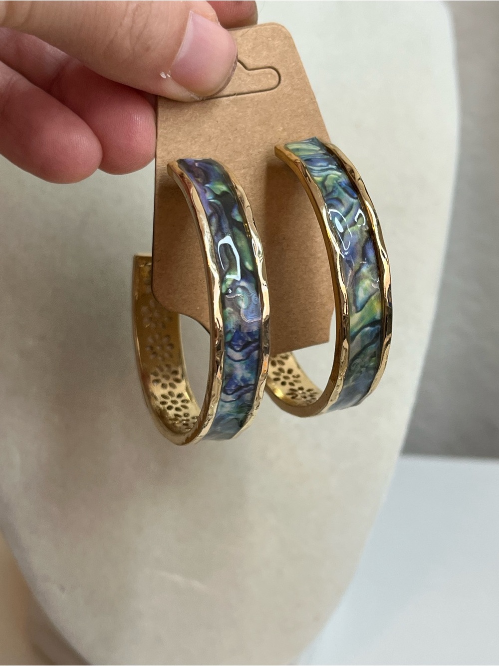 Gold tone abalone hoop daisy accents 2 inch fun earrings